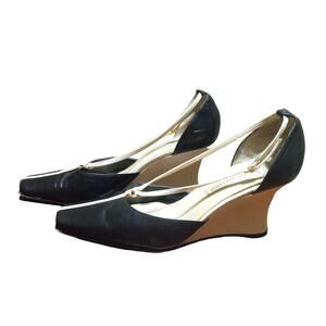 Ann Marino Women's 8M Heels Black Leather 3" Wedge Strappy Buckle